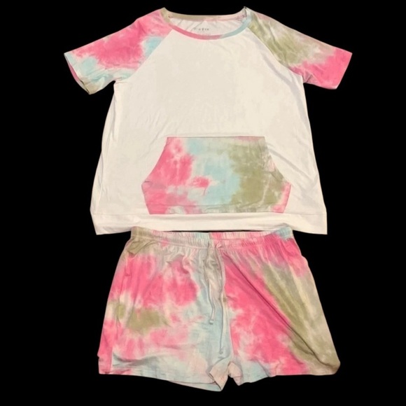 Pajama Set Short Sleeve Pink Tie Dye Women’s Large New - Picture 1 of 9